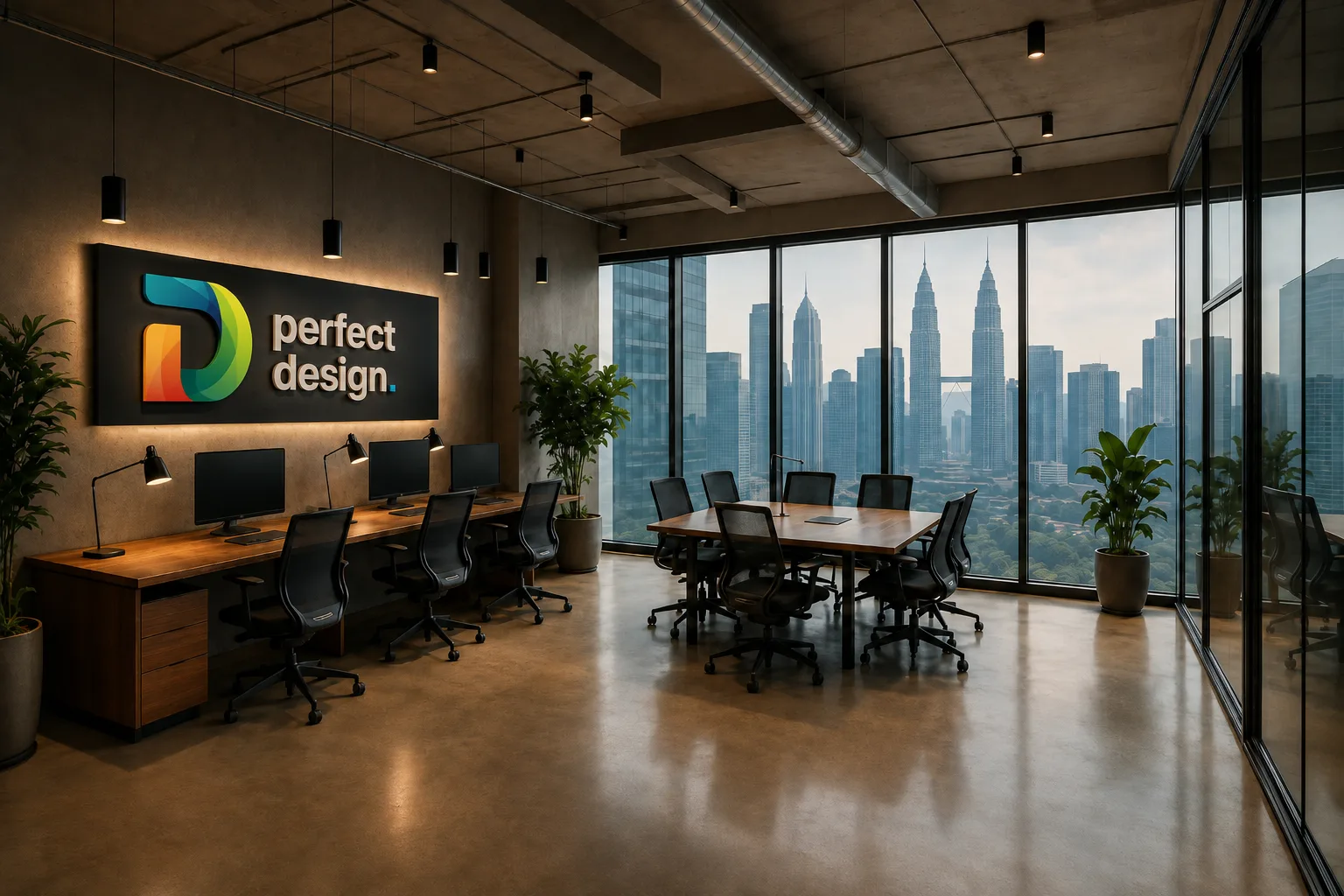 Perfect Design office in KL Eco City, Kuala Lumpur — web design studio workspace with city skyline view