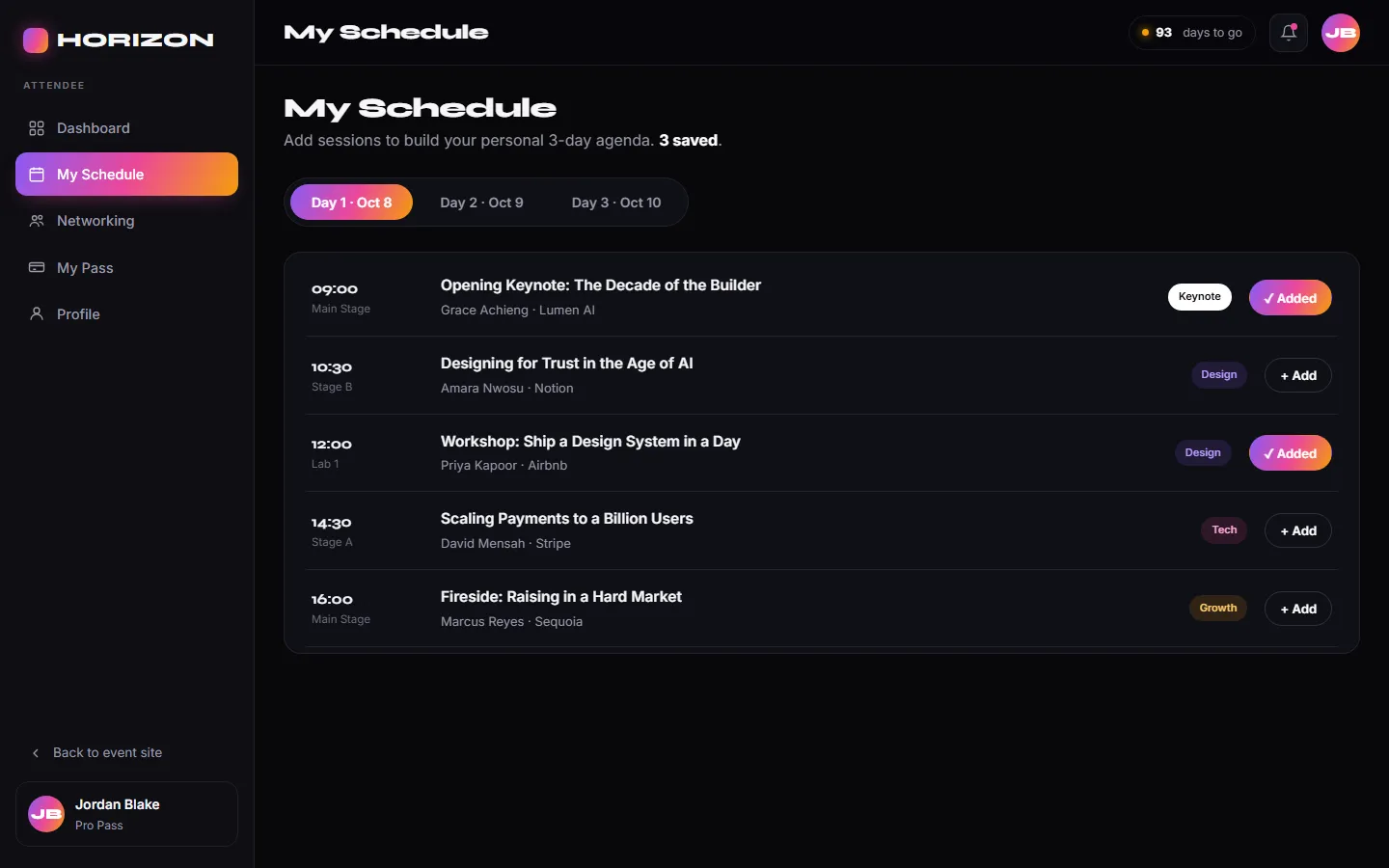 Attendee dashboard and schedule builder