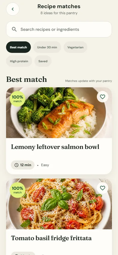 Recipes matched against what is actually in the kitchen